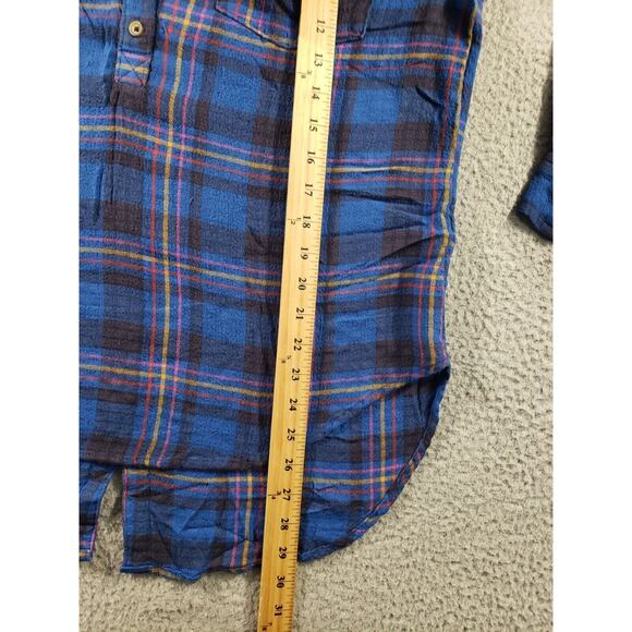 Anthropologie Shirt Womens Medium Blue 1/2 Button Isadora Flannel Plaid Stretch - Picture 6 of 11
